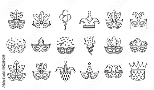Masquerade and Carnival Festival Outline Icons – Celebration Costume Vector