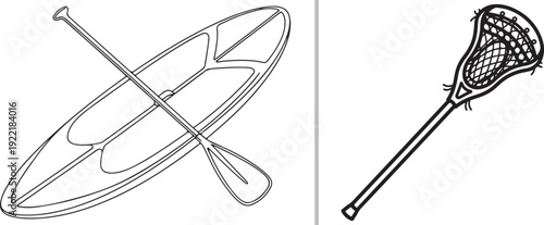 A sports vector set featuring a black outline of a paddleboard with an oar and a detailed lacrosse stick with netting. Ideal for representing water sports and field athletics.