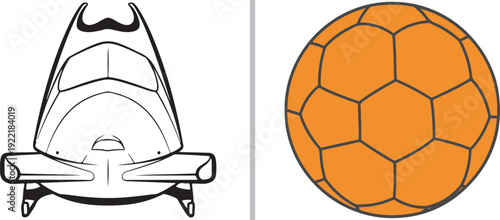 Minimalist sports vector icons featuring a detailed black-and-white front view of a bobsleigh and an orange soccer ball with a classic hexagonal pattern, isolated on a white background.