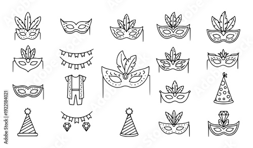 Modern Carnival Mask Icons – Festival Celebration Costume Outline Vector
