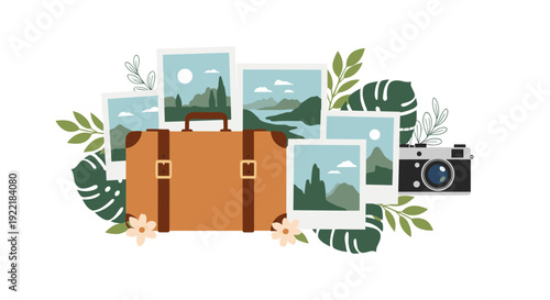 Classic travel suitcase is surrounded by mountain landscape photos a vintage camera and tropical palm leaves for vacation memories.