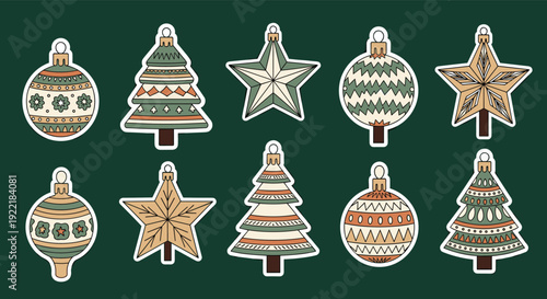 Set of festive Christmas stickers includes ornaments stars and decorated pine trees in a rustic green and orange color palette.
