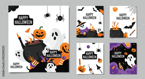 Collection of spooky Halloween greeting cards features classic motifs like ghosts pumpkins spiders and a boiling witches cauldron.