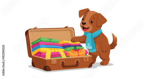 Adorable brown puppy wearing a blue scarf happily packs a suitcase with colorful folded clothes for a fun vacation adventure.