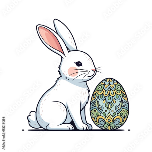 Illustration of a white rabbit sitting next to a colorful Easter egg on a white background with a whimsical and festive mood.