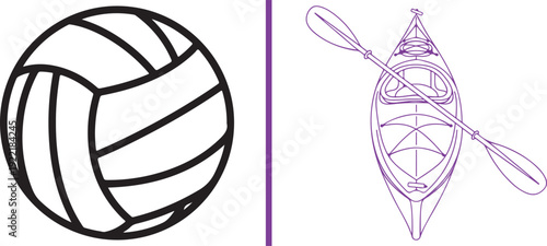 A sports vector set featuring a black outline of a volleyball and a purple top-down view of a kayak with a double-sided paddle. Ideal for representing team sports and water recreation.