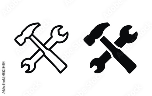 Hammer and wrench tools icon outline and filled symbol for repair construction or DIY