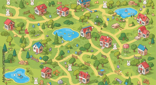 Detailed isometric map of a festive Easter village shows houses ponds trees and many bunnies hiding eggs in a lush green landscape.