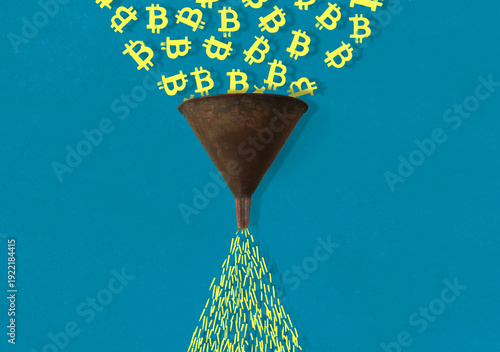 Yellow Bitcoin Symbols Being Ground Down in Funnel