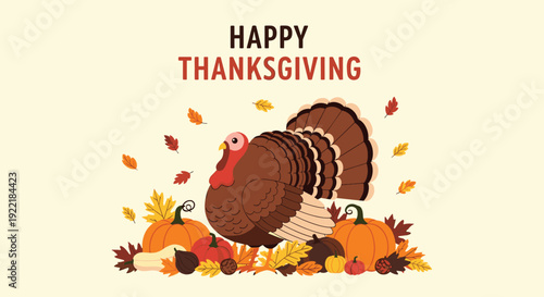 Traditional Thanksgiving illustration features a large turkey standing among pumpkins squash and autumn leaves on a light background.