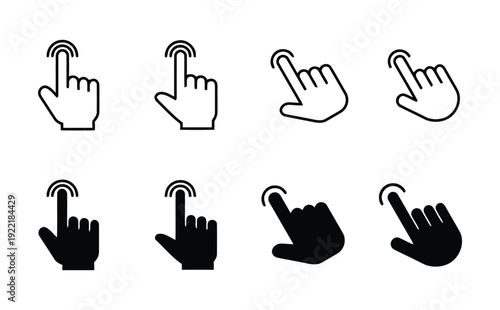 Hand cursor click icon set with finger pointing and touch screen gesture variations