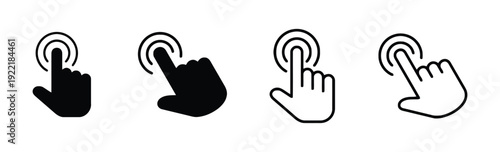 Hand cursor icon set showing pointer finger touching screen with ripple effect, solid black and outline versions
