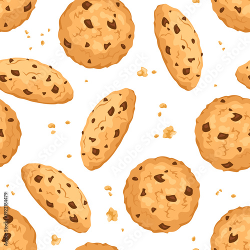 Biscuit with chocolate chips seamless pattern. Cookies and crumbs isolated on white background. Vector cartoon flat illustration. 