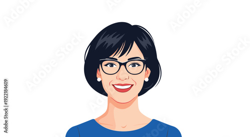 Professional portrait features a smiling woman with stylish short dark hair and modern black glasses wearing a simple blue top.