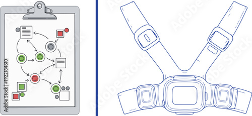 Minimalist sports and fitness vector icons featuring a detailed clipboard with a training play strategy and a blue outline of a chest strap heart rate monitor on a white background.