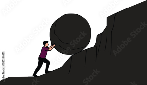 Man Pushing Giant Boulder Uphill Concept