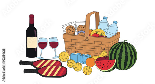 Picnic set includes a basket of fruit and snacks a bottle of wine water bottles and pickleball paddles for a fun day outdoors.