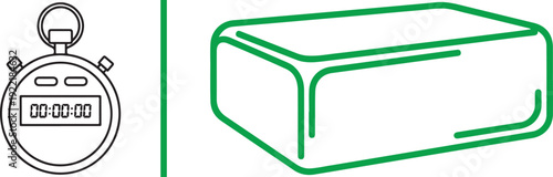 A fitness-themed vector set featuring a black-and-white digital stopwatch and a green outline of a yoga block or fitness step. Ideal for timing workouts, yoga, and athletic training themes.