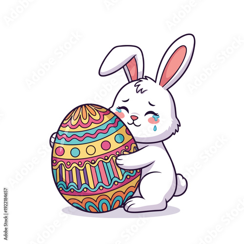 A cute cartoon white rabbit with pink ears and tears in its eyes hugs a large, colorful Easter egg with a white background.