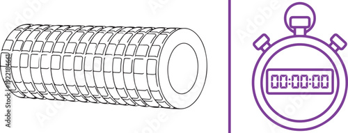 Minimalist fitness vector icons featuring a detailed black-and-white outline of a foam roller and a purple outline of a digital stopwatch, separated by a vertical purple line on a white background.