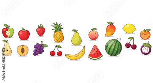 A colorful vector illustration of various fruits on a white background