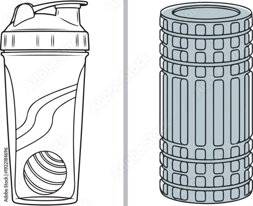 Minimalist fitness vector icons featuring a black outline of a protein shaker bottle with a mixing ball and a textured gray foam roller, separated by a vertical gray line on a white background.