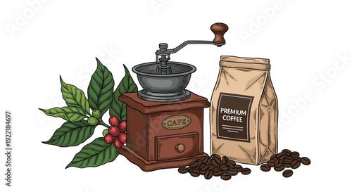 Traditional manual coffee grinder stands among fresh coffee beans a burlap bag and a branch with green leaves and red coffee cherries.