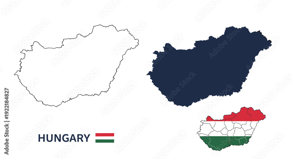 Fototapeta premium Map of Hungary shown in three styles including an outline, a solid silhouette, and a version filled with the national flag colors and provinces.