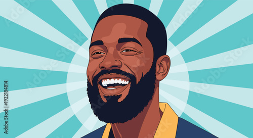 Vibrant pop art illustration of a smiling black man with a beard and mustache against a bright blue sunburst or rays background pattern.