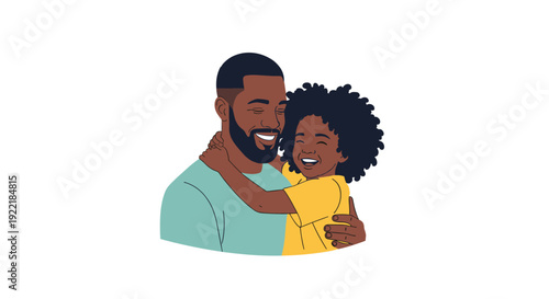 Heartwarming illustration of a black father hugging his young daughter with an afro as they both smile joyfully on a white background.
