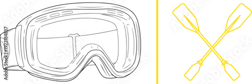 A sports vector collection featuring detailed line art of snow goggles or a diving mask alongside yellow crossed oars. Perfect for representing winter sports, water activities, or rowing gear.