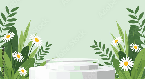 Elegant white circular podium stage for product presentation surrounded by lush green plants and white daisies on a soft green background.