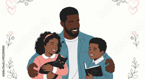 Portrait of a black father with his two children and a black cat framed by delicate floral sketches and heart shapes for family celebration.