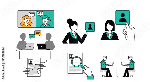 A vector graphic illustration of business professionals interacting with digital technology
