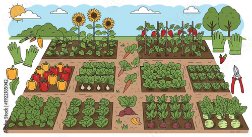 Detailed plan of a vegetable garden with divided sections for sunflowers, peppers, tomatoes, carrots, beets, and gardening tools.