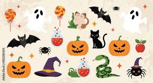 Comprehensive collection of Halloween icons and characters like pumpkins, ghosts, bats, a black cat, spiders, and candy on a textured background.