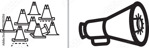 A utility vector set featuring various black-and-white icons. Includes a pile of traffic safety cones and a large, bold megaphone silhouette, ideal for warning or communication themes.