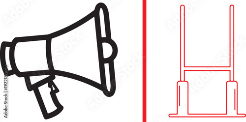 Minimalist sports vector icons featuring a black outline of a handheld megaphone and a red outline of American football goalposts, separated by a vertical red line on a white background.