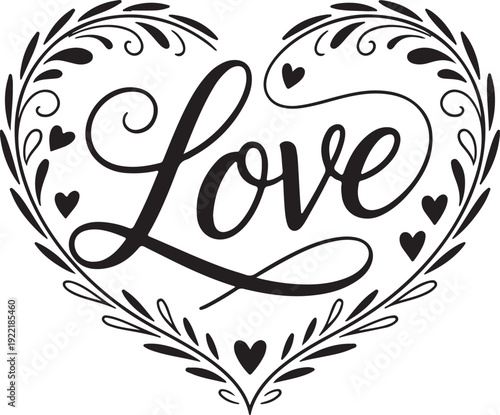 Love calligraphy inside heart shape with floral wreath, romantic handwritten lettering, elegant valentine's day greeting