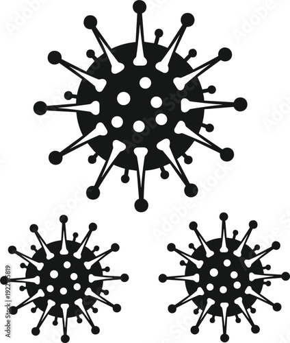 Viral colony icon with three spherical pathogens in black and white