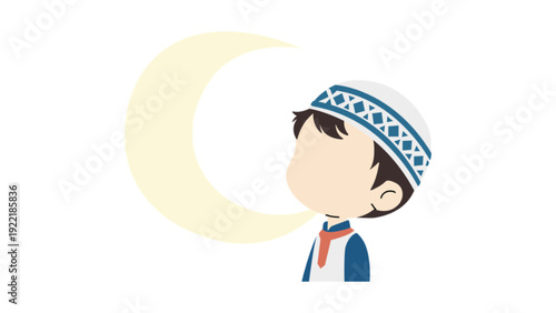Cute muslim boy looking at the crescent moon dreaming of ramadan