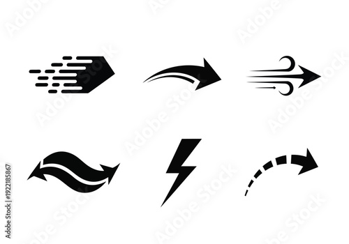Speed motion and lightning bolt arrow icons showing fast movement and electrical energy