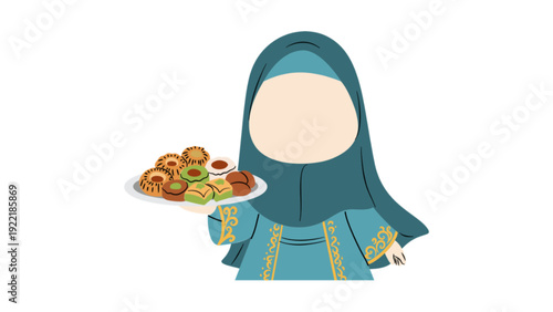Muslim woman character holding a plate of traditional food for iftar