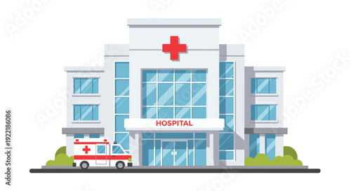 A modern hospital building with a red cross symbol on the facade and an ambulance parked on the street, Generative AI.