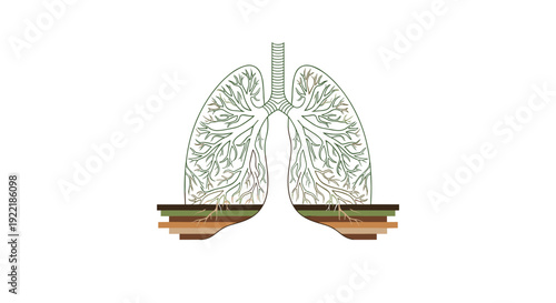Human lungs are abstractly depicted as a green tree with branches and roots extending into layered soil representing natural health, Generative AI.