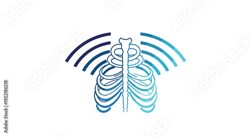 A stylized human rib cage emits radiating blue sound or energy waves representing diagnostic imaging and internal body scans on a white background, Generative AI.