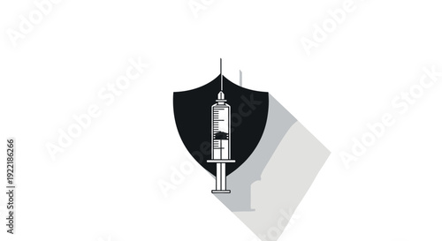 A solid black shield features a white syringe icon in the center casting a long shadow on a clean white background, Generative AI.
