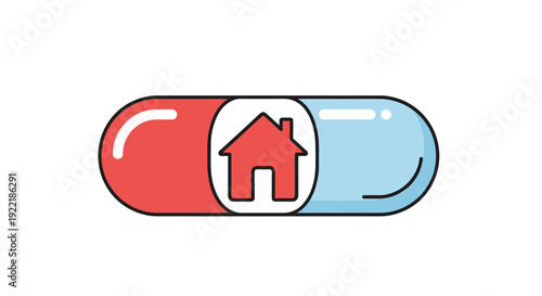 A red and blue capsule pill features a prominent red house icon inside symbolizing home healthcare or shelter on a white background, Generative AI.