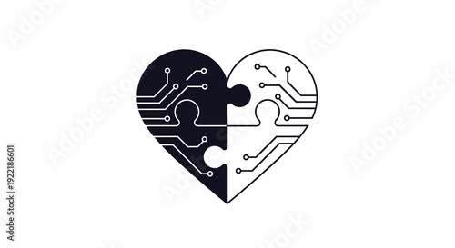 A heart-shaped puzzle piece half black and half outline features circuit board patterns representing digital health connection, Generative AI.