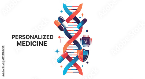 PERSONALIZED MEDICINE text accompanies a colorful DNA helix adorned with pills a microchip and a security shield, Generative AI.
